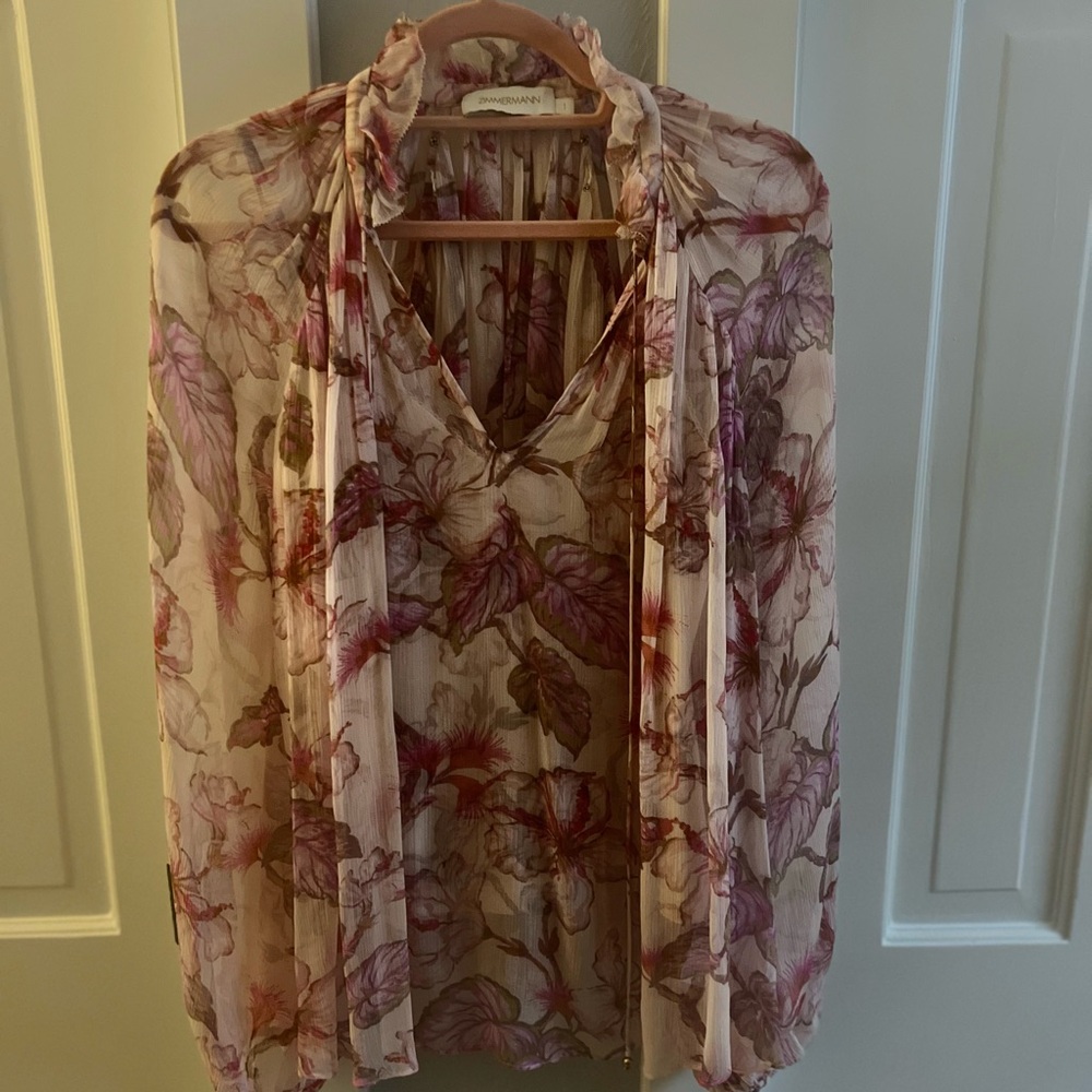 Zimmermann Pink Cream Ruffled Tie Front Blouse